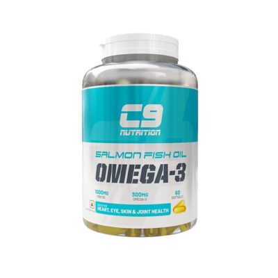 C9 Nutrition Salmon Fish Oil Omega-3 Capsules | 1000mg Fish Oil & 300mg Omega-3 per Serving | Supports Heart, Eye, Skin & Joint Health | 60 Softgels | No Mercury | No Fishy Burps | HACCP Certified