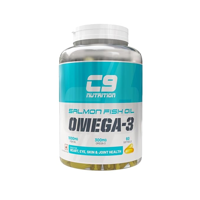 C9 Nutrition Salmon Fish Oil Omega-3 Capsules | 1000mg Fish Oil & 300mg Omega-3 per Serving | Supports Heart, Eye, Skin & Joint Health | 60 Softgels | No Mercury | No Fishy Burps | HACCP Certified